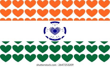A creative representation of the Indian flag made with heart shapes—orange on top, green at the bottom, and the blue Ashoka Chakra in the center—symbolizing love, patriotism, and unity.