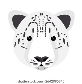 A creative representation of a snow leopard's head showcases its distinct features. The design uses simple shapes and a limited color palette to highlight the animal's beauty and elegance.