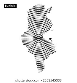 A creative representation of Tunisia with a dotted outline, featuring abstract wavy lines in various colors, adding depth to the design.