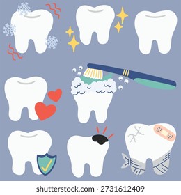 Representações criativas de dentes saudáveis e não saudáveis. Ilustrações vetoriais de dentes com diferentes condições, lesões, sensibilidade e problemas.