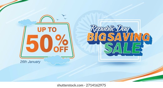 Creative Republic Day big saving sale vector featuring up to 50% off message with shopping bag illustration and tricolor theme. Suitable for festive sales, promotions, digital ads, banners.