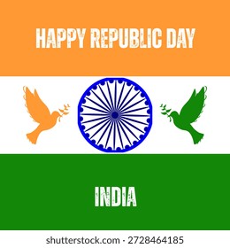 Dia da República Criativa comemorando a Índia. Possui o tricolor nacional indiano com açafrão no topo, branco no meio e verde na parte inferior. O Ashoka Chakra em azul é proeminentemente colocado no centro, simbolizando a lei, a unidade e o progresso. Duas pombas estilizadas segurando ramos de oliveira aparecem em cada lado do chakra, representando a paz e a harmonia. O texto "Happy Republic Day" é exibido no topo, enquanto "India" é escrita embaixo. O estilo vetorial limpo, as cores arrojadas e os elementos patrióticos tornam este projeto adequado para celebrações nacionais, cartazes, banners, postagens em redes sociais e saudações digitais relacionadas à independência, democracia e orgulho cultural da Índia.