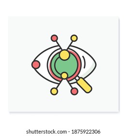 Creative research color icon. Artistic vision and technical solution approach concept. Eye with magnifier observing pencil shaped data. Isolated vector illustration for web and business presentation