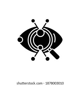 Creative research glyph icon. Artistic vision and technical solution approach concept. Eye with magnifier observing data filled flat sign. Isolated silhouette vector illustration for web and business