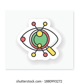 Creative research patch. Artistic vision and technical solution approach concept. Custom sticker. Eye with magnifier observing data, badge for designs. Vector emblem for web and business presentation