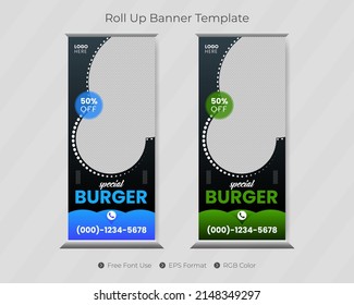 Creative Restaurant Or Food Burger Roll Up Banner Template And Pull Up Menu Pop Up Company Cover Design