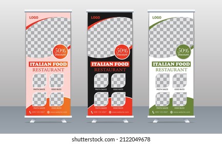 Creative restaurant food menu roll up banner design with three different colors