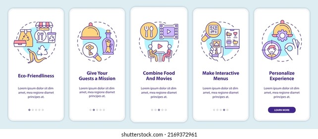 Creativas ideas de restaurantes a bordo de la pantalla de aplicaciones móviles. Recorrido 5 pasos instrucciones gráficas editables con conceptos lineales. UI, UX, plantilla GUI. Multitud de tipos de letra Pro-Bold, con uso regular