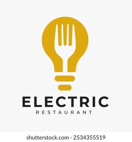 Logotipo de restaurante criativo com design de garfo integrado no símbolo de lâmpada, simboliza ideias inovadoras e criatividade no mundo culinário.