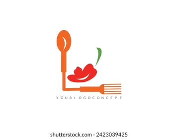 Creative restaurant logo with spoon and fork or chilli icon.