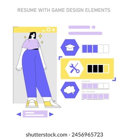 Creative resume concept. A modern CV layout with game-like graphics and character avatar integration. Interactive career showcase. Vector illustration.