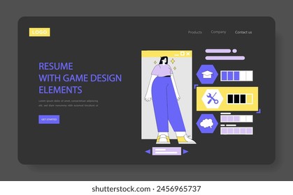 Creative resume concept. A modern CV layout with game-like graphics and character avatar integration. Interactive career showcase. Vector illustration.