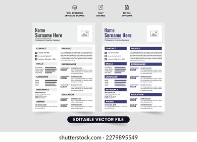 Vector de plantilla de currículum creativo con marcadores de posición de foto. Aplicación de trabajo y diseño CV con colores azul oscuro y negro. Vector profesional de CV y currículum corporativo para oficina.