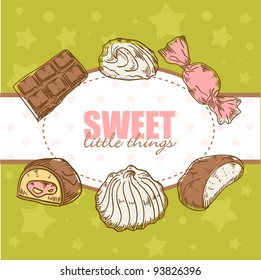 Creative retro card with tasty sweet chocolate candies and marshmallow