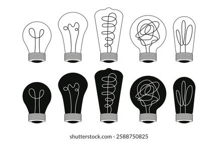 Creative retro linear style light bulbs display various unique designs showcasing innovative ideas and playful interpretations of illumination.