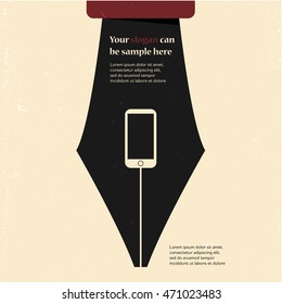 Creative retro vintage design poster with mobile phone and fountain pen vector illustration