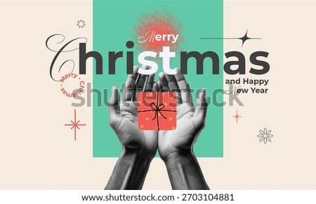 Creative retro-style Christmas and New Year poster featuring Christmas fir tree. Designed in a modern pop art and halftone print style with soft pastel background and bold typography.
 Vector