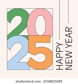 Creative retro-style Happy New Year 2025 poster featuring vibrant colors like algae, sundown, coral blue, atomic tangerine and forget-me-not. Perfect for festive celebrations, events and social media.