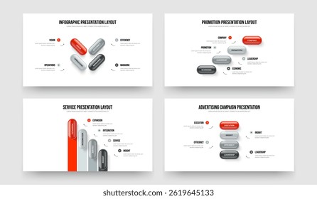 Creative Review 4 4 4 4 Step Infographic Presentation Layout Set. Financial Planning Four Four Four Four Option Diagram Slide Design Vector Illustration Collection.