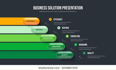 Creative Review Five Option Infographic Slide Design. Professional Forecast 5 Step Diagram Frame Layout. Investor Strategy Slideshow Template Vector Illustration.