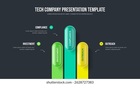 Revisão criativa Layout de quadro de diagrama de três elementos. Projeto de apresentação de slides infográfico da opção 3 da previsão profissional. Ilustração do Vetor de Modelo de Slide da Campanha de Serviço.