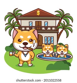 Creative Rich Doge Villa Pool Cartoon Cute Illustration