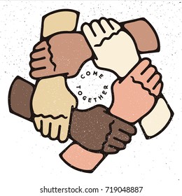 Creative Ring of Hands Teamwork Concept. Cultural and Ethnic Diversity. Come Together. Vector Illustration on Grunge Texture Background for Logo Badge