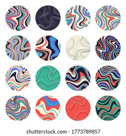 Creative ripple backgrounds set in Hippie style. Wavy psychedelic patterns for brochures, cards, posters. Round icons for social media stories