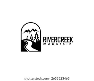 Logotipo creativo de River, Plantilla de diseño de logotipo en blanco y negro de River and Mountain