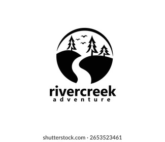 creative river logo, river and three pine trees with flying birds, logo design template
