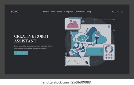 Creative robot assistant concept. A whimsical depiction of a robot painting on a digital canvas, expressing automated creativity. Modern art and technology fusion. Vector illustration.