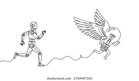 Creative robot chasing flying winged lightbulb representing artificial intelligence pursuing innovation in conceptual continuous line art
