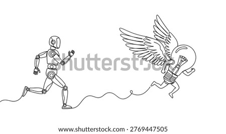 Creative robot chasing flying winged lightbulb representing artificial intelligence pursuing innovation in conceptual continuous line art