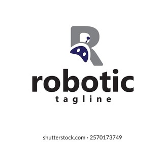 creative robot shadow inside letter r, logo design