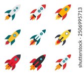 creative rocket spaceship, logo collection, flying rocket icon color set