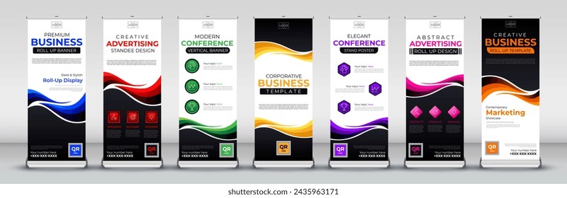 creative roll up banner collection for events, annual meetings, presentations, marketing, promotions and brochure, covers in blue, red, green, yellow, purple, pink and orange print ready colors 