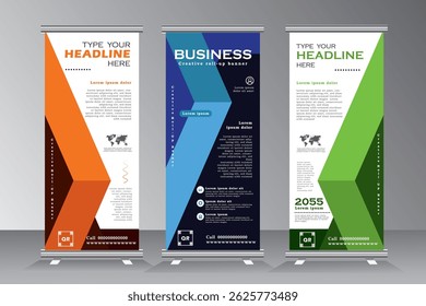 Creative roll up banner design set with orange, blue and green colour, vector vertical banner template, roll up banner template, standee banner template, Modern Pull up, x-banner. vector eps 10