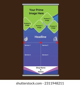 Its a creative Roll up banner design. You can use this any kind of shop.Its ready for you.Just sitting your shop or product image and print.