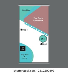 Its a creative Roll up banner design. You can use this any kind of shop.Its ready for you.Just sitting your shop or product image and print