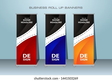 Creative roll up banner stand template design. Vertical banner template. 
Universal standing banner for conference, promotion banner vector background. Modern publication x-banner and flag-banner.