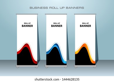Creative roll up banner stand template design. Vertical banner template. 
Universal standing banner for conference, promotion banner vector background. Modern publication x-banner and flag-banner.