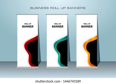 Creative roll up banner stand template design. Vertical banner template. 
Universal standing banner for conference, promotion banner vector background. Modern publication x-banner and flag-banner.