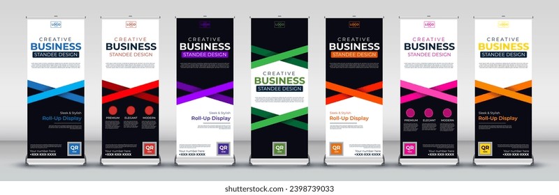 Banner de nivel y plantilla Roll Up creativo en rojo, verde, azul, amarillo, naranja, morado, naranja para eventos, presentaciones, reuniones, eventos anuales