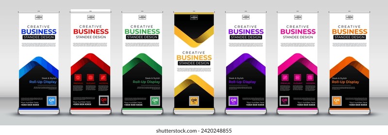 creative Roll up banner vertical template design for events, brochure, flyer, infographics, x banner and flag banner advertising in blue, red, green, yellow, purple, pink and orange print ready colors