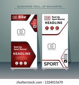 Creative roll up business brochure flyer banner design vertical template vector, cover presentation abstract geometric background, red color modern publication standing banner