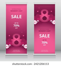 Creative roll up or retractable banner, standee, X-banner templates highlighting March 8th. Ideal for international women’s day sales promotions