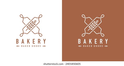 Creative Rolling Pin, Wheat, Bakery Logo Designs with Lineart Outline Style. Icon Symbol Logo Design Template.