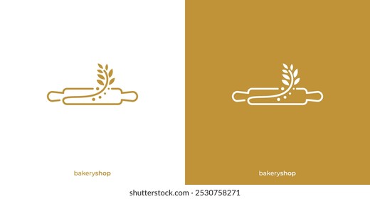 Creative Rolling Pin, Wheat, Bakery Logo Designs with Lineart Outline Style. Bakery Shop Logo, Icon, Symbol, Vector, Design Inspiration.