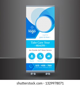 Creative  Roll-up Banner design, business concept. Graphic template roll-up for seminar, layout for placement of photos. Universal stand for conference - Vector