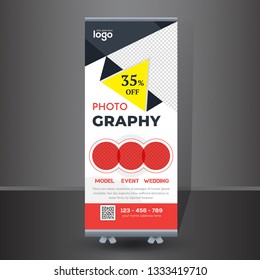 Creative Roll-up  Banner design, Photography concept. Graphic template roll-up for exhibitions, banner for seminar, layout for placement of photos. Universal stand for conference - Vector